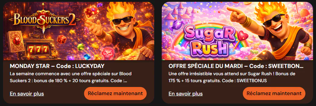 Casino Hermes promotions du lundi et du mardi avec Blood Suckers 2 et Sugar Rush, bonus de 180 % et 175 %, et tours gratuits